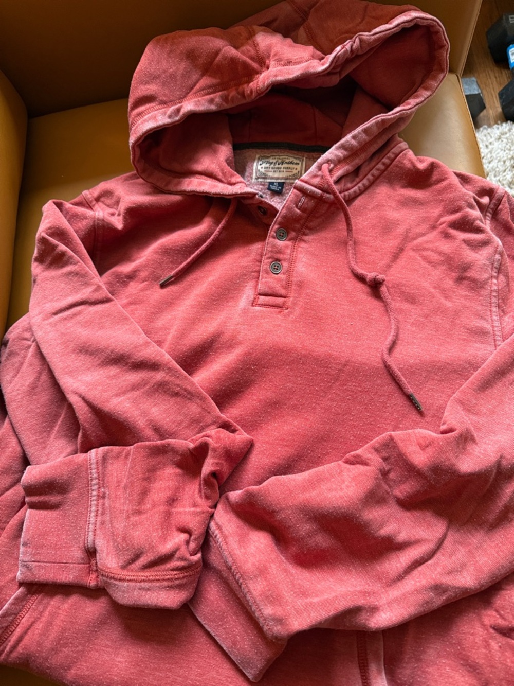 Men's Washed Red Hooded Henley Sweatshirt